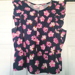 Free Assembly‎ Shirt Womens XL Elastic Waist Ruffle Sleeve Navy Pink Floral